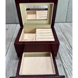 Vtg Burgandy Solid Wood Single Drawer Hinge Jewelry Box With Mirror 4" x 3.5"